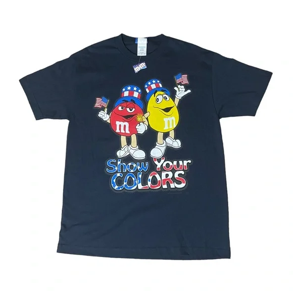NWT M&M Tee Yellow Red Show Your Colors Patriotic American Flag Hats 4th July L - Picture 1 of 4